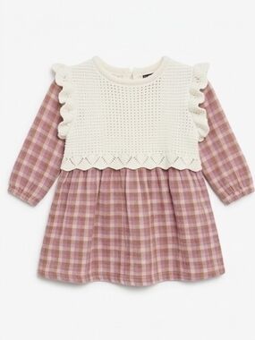 Pink Plaid Dress with Cream Crochet Yoke - Kids One-Piece